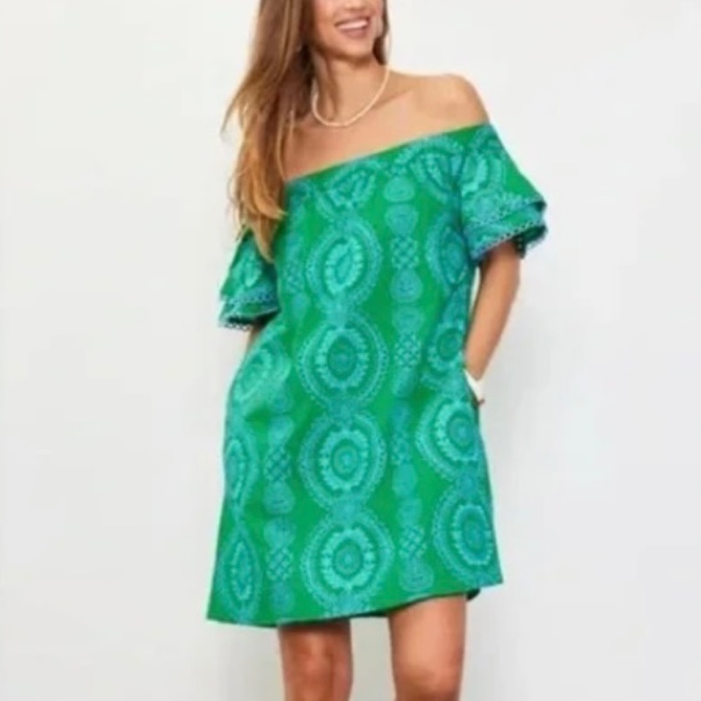 Anthropologie Skies Are Blue Small Embroidered Blue Off Shoulder Dress Pockets